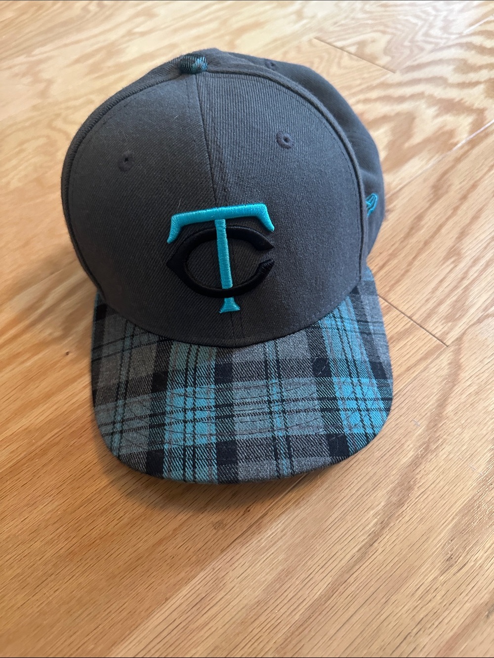 Plaid-Brim Gray Baseball Cap with Teal Embroidered Logo